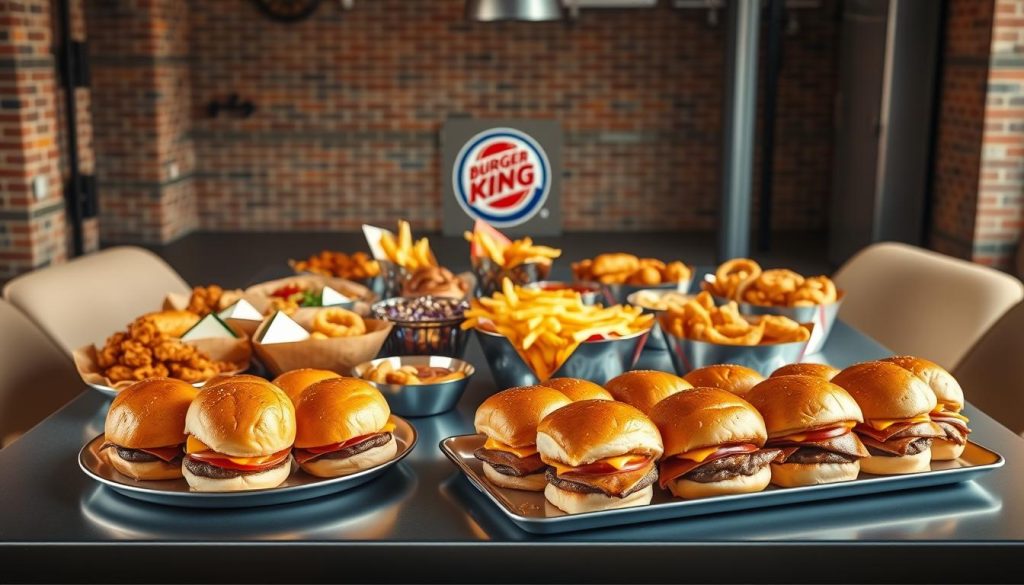 A beautifully lit, high-angle photograph of an assortment of Burger King party platters laid out on a sleek, modern table. In the foreground, a platter of juicy Whopper sliders, their golden buns glistening under the warm lighting. In the middle ground, a colorful array of chicken nuggets, French fries, and onion rings, all neatly arranged. In the background, a backdrop of a minimalist, industrial-chic space, with exposed brick walls and metallic accents, creating a sophisticated yet casual ambiance. The overall scene conveys a sense of celebration and indulgence, perfectly capturing the essence of a Burger King party platter.