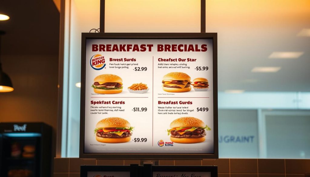 A beautifully lit, high-resolution photograph of a Burger King menu display showcasing the current breakfast specials with prices. The menu is presented in a clean, modern layout against a bright, soft-focus background. The lighting is warm and natural, creating a welcoming atmosphere. The menu items are prominently displayed, with clear and legible pricing information. The overall composition is balanced and visually appealing, drawing the viewer's attention to the specific menu offerings.