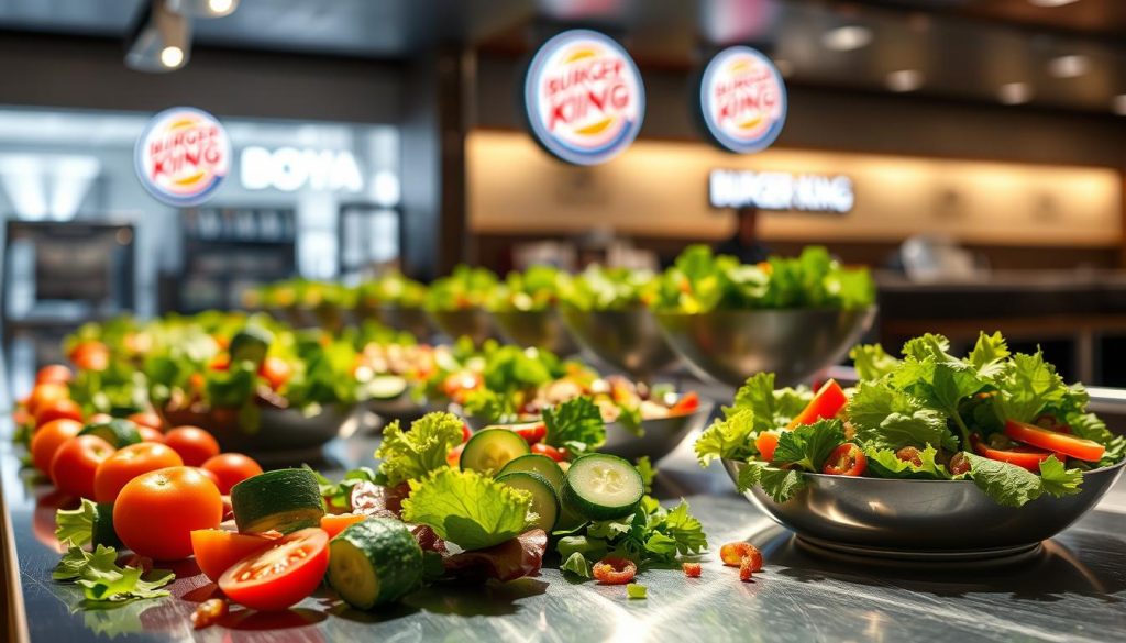 A beautifully styled shot of a Burger King salad display, showcasing an array of fresh greens, vibrant vegetables, and customizable toppings. The salads are presented on a gleaming stainless steel countertop, bathed in warm, natural lighting that casts gentle shadows and highlights the textures and colors. The foreground features carefully arranged ingredients like juicy tomatoes, crisp cucumbers, and colorful bell peppers, inviting the viewer to imagine the perfect salad they could create. The midground features the salad bowls, each one slightly different, representing the variety of options available. In the background, a blurred view of the Burger King restaurant interior, with its sleek, modern design and subtle branding elements, setting the scene. The overall mood is one of healthy, fresh, and customizable dining options, perfectly capturing the essence of "Customizing Your Salad at Burger King".