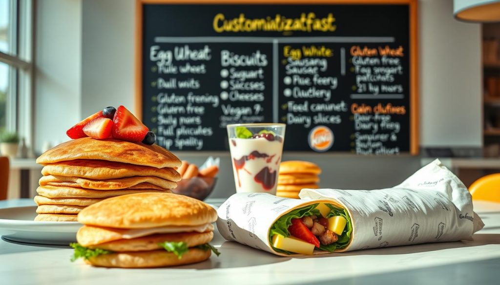 A bright, airy diner setting with a clean, modern aesthetic. In the foreground, a spread of Burger King breakfast items - a stack of whole wheat pancakes, a fruit and yogurt parfait, and an egg white and spinach wrap. The middle ground showcases a diverse array of dietary options, including gluten-free biscuits, vegan sausage patties, and dairy-free cheese slices. The background features a chalkboard menu highlighting the customizable nature of the breakfast offerings, allowing for tailored nutritional and allergy-friendly choices. Warm, natural lighting casts a welcoming glow, and the overall composition conveys a sense of healthy, accessible indulgence.