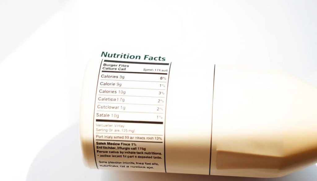 A bright and clean nutrition facts label for a Burger King milkshake, displayed on a crisp white background. The label showcases the detailed breakdown of calories, fat, carbohydrates, and other key nutritional information in a clear, easy-to-read format. The layout is well-organized, with bold headers and neatly arranged data points. Soft, natural lighting casts a subtle glow, highlighting the label's clarity and precision. The overall mood is informative and visually appealing, suited for an article section exploring the nutritional profile of Burger King's milkshake offerings.