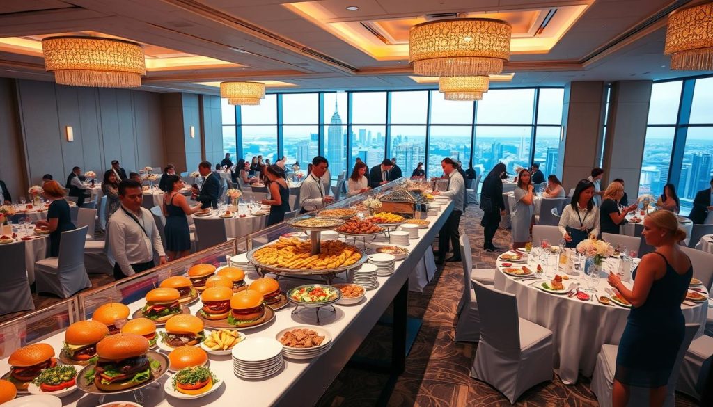 A bright and inviting banquet hall, filled with an array of meticulously presented dishes. A central buffet table showcases an assortment of gourmet burgers, accompanied by an array of sides and condiments. Servers in crisp uniforms move gracefully among the guests, ensuring a seamless dining experience. The lighting is warm and welcoming, casting a soft glow over the scene. Elegant table settings and centerpieces complement the modern, yet sophisticated ambiance. In the background, a panoramic window offers a glimpse of a bustling city skyline, adding to the dynamic atmosphere. The overall impression is one of professionalism, attention to detail, and a commitment to delivering an exceptional catering experience.