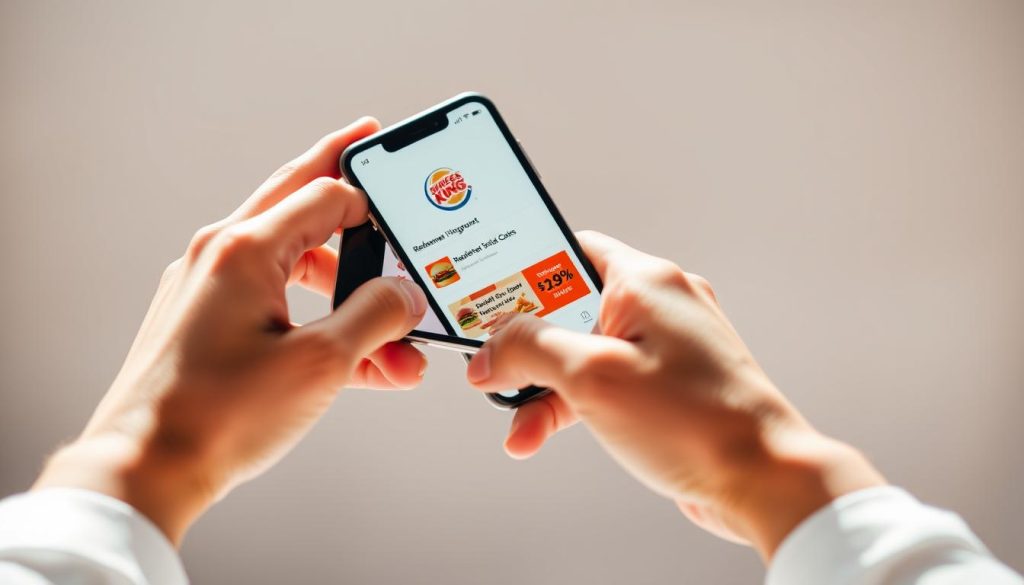 A bright, crisp image of a person's hands using the Burger King app on a smartphone. The phone is held at a 45-degree angle, centered in the frame, with the app's interface clearly visible. The hands are well-lit, showcasing the app's features and options for redeeming discounts and deals. The background is blurred, creating a soft, diffused focus on the phone and hands. The overall tone is clean, modern, and inviting, reflecting the user-friendly nature of the Burger King app.