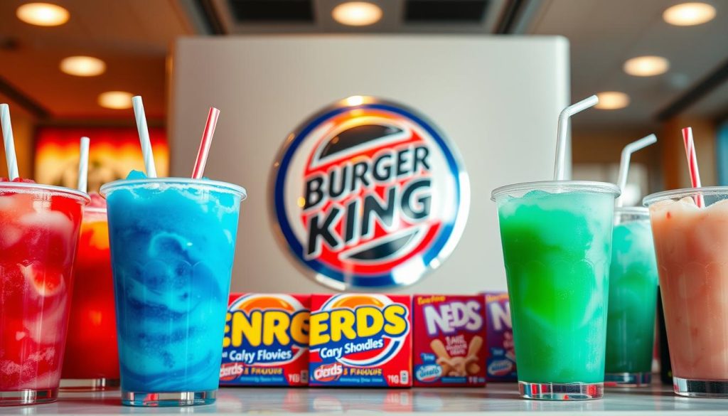 A brightly lit and detailed still life scene of an assortment of Burger King frozen drinks. In the foreground, a collection of colorful slushie cups with straw toppers, filled with swirling shades of blue, red, and yellow. Behind them, two rows of NERDS candy boxes in various flavors, their vibrant packaging adding a playful touch. The middle ground features a sleek, chrome-finished Burger King logo, casting a subtle reflection. The background is softly blurred, hinting at the restaurant's modern decor and setting. The overall mood is one of refreshing indulgence, capturing the essence of Burger King's frozen drink offerings and the NERDS candy toppings.