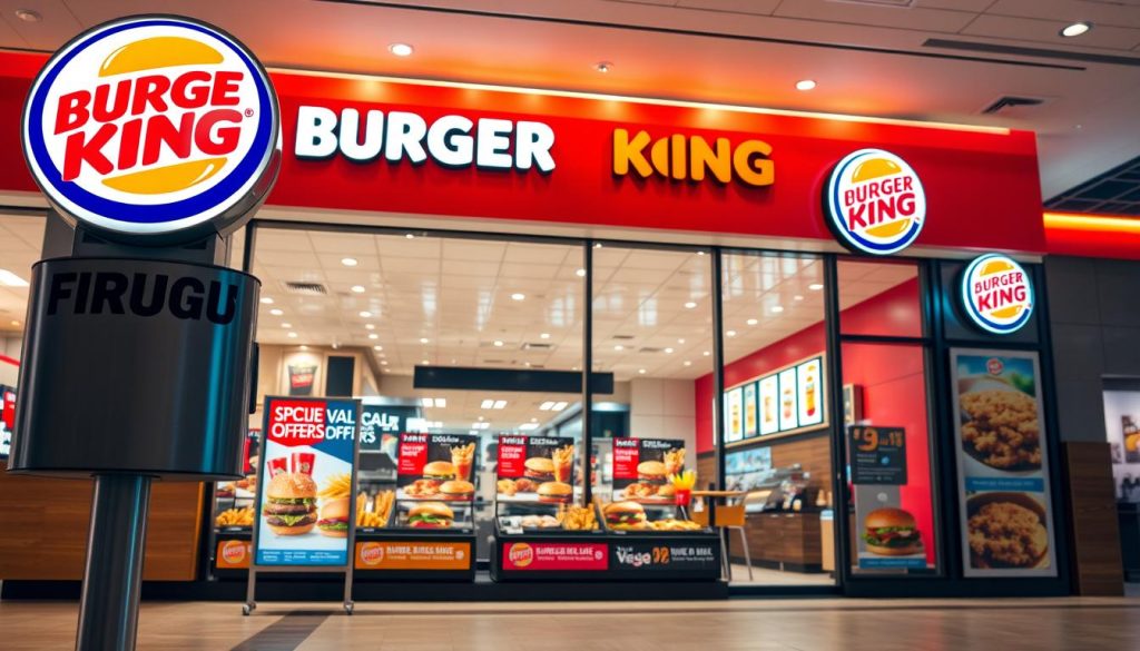 A brightly lit, high-resolution image of a Burger King restaurant storefront, showcasing an enticing display of the chain's special offers and value deals. The foreground features a prominent Burger King logo and signage highlighting the "Value Deals" and "Special Offers" prominently. In the middle ground, a variety of Burger King menu items are displayed, such as burgers, fries, and drinks, all arranged in an appetizing manner. The background captures the vibrant, modern interior of the restaurant, with clean lines, warm lighting, and a welcoming atmosphere. The overall scene conveys a sense of excitement and temptation, inviting the viewer to explore the delicious and affordable options available at Burger King.