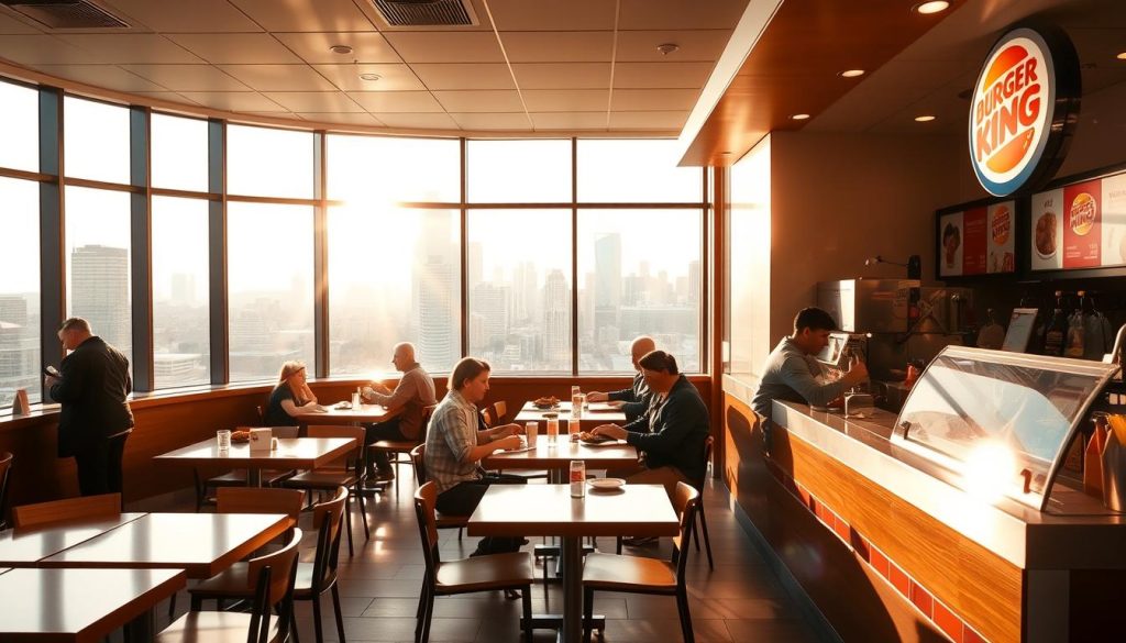 A bustling Burger King restaurant at the ideal breakfast hour, with a warm, inviting ambiance. The sun's soft golden rays stream through the windows, casting a cozy glow over the neatly arranged tables and chairs. The counter is manned by attentive staff, ready to serve up fresh, aromatic fare. In the middle ground, a group of patrons savor their morning meal, their faces radiating satisfaction. In the background, the city skyline is visible through the panoramic windows, hinting at the vibrant urban setting. The overall scene conveys a sense of perfect timing, where the freshest and most appetizing Burger King breakfast is readily available to the eager customer.