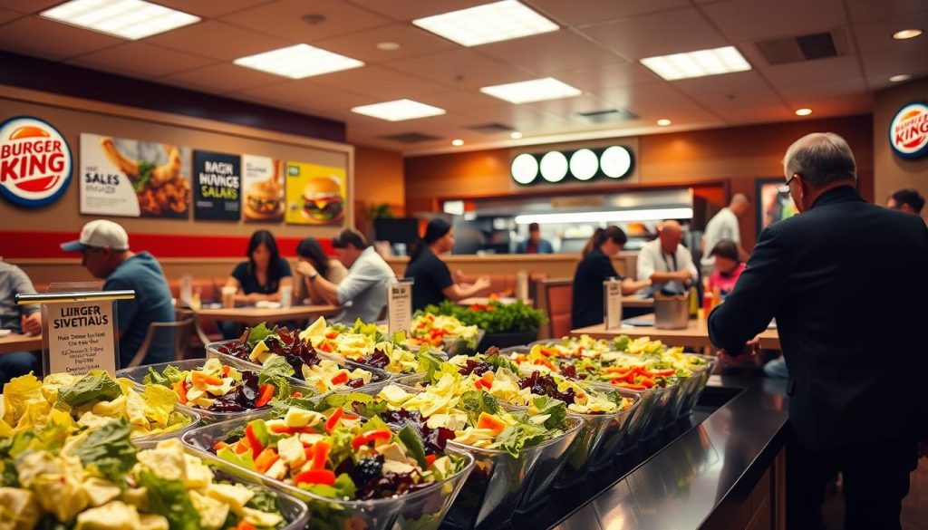 A bustling Burger King restaurant interior, well-lit with warm, inviting lighting. In the foreground, a neatly arranged display of fresh Burger King salads, their vibrant colors and textures showcased. In the middle ground, customers seated at tables, intently studying menus and discussing their dining experiences. In the background, the kitchen staff can be seen preparing orders with efficiency. The atmosphere conveys a sense of lively discussion and customer engagement, reflecting the diverse range of opinions and feedback on Burger King's salad offerings.