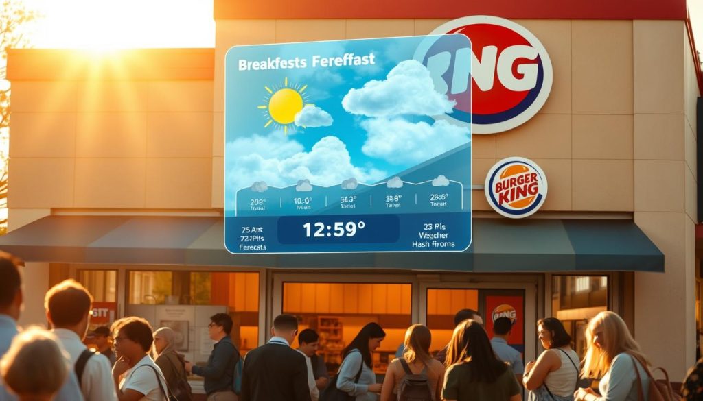 A bustling Burger King restaurant, its exterior bathed in warm morning sunlight. A dynamic weather forecast hologram hovers above the entrance, depicting a sunny day with scattered clouds and temperatures ideal for a delicious breakfast menu. The hologram's graphics are crisp, the colors vibrant, and the overall effect is both informative and visually captivating. In the foreground, customers eagerly enter the establishment, drawn by the alluring aroma of freshly prepared Whopper Jr. breakfast sandwiches and fluffy hash browns. The scene exudes a sense of energy and anticipation, hinting at the exciting future of Burger King's breakfast offerings.