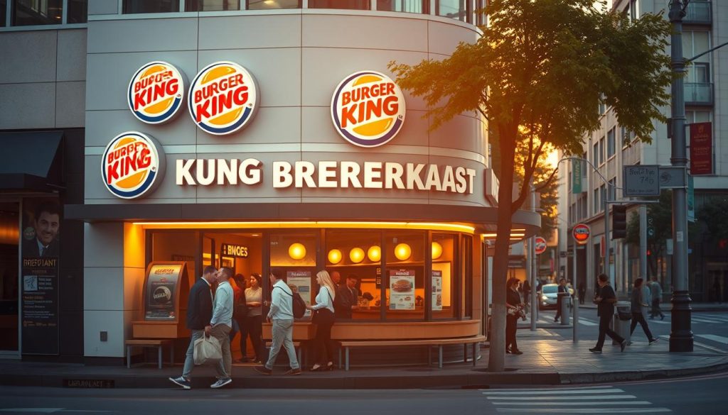 A bustling Burger King restaurant nestled in a vibrant urban setting, capturing the essence of the brand's breakfast menu. The storefront features the iconic Burger King logo and signage, enticing passersby with the promise of freshly prepared breakfast offerings. The scene is bathed in warm, golden morning light, creating a welcoming and inviting atmosphere. In the foreground, a group of customers can be seen entering the establishment, eager to start their day with a satisfying Burger King breakfast. The middle ground showcases the restaurant's modern architecture and clean, well-maintained exterior, while the background depicts a lively city street, with pedestrians and vehicles adding to the dynamic energy of the scene.