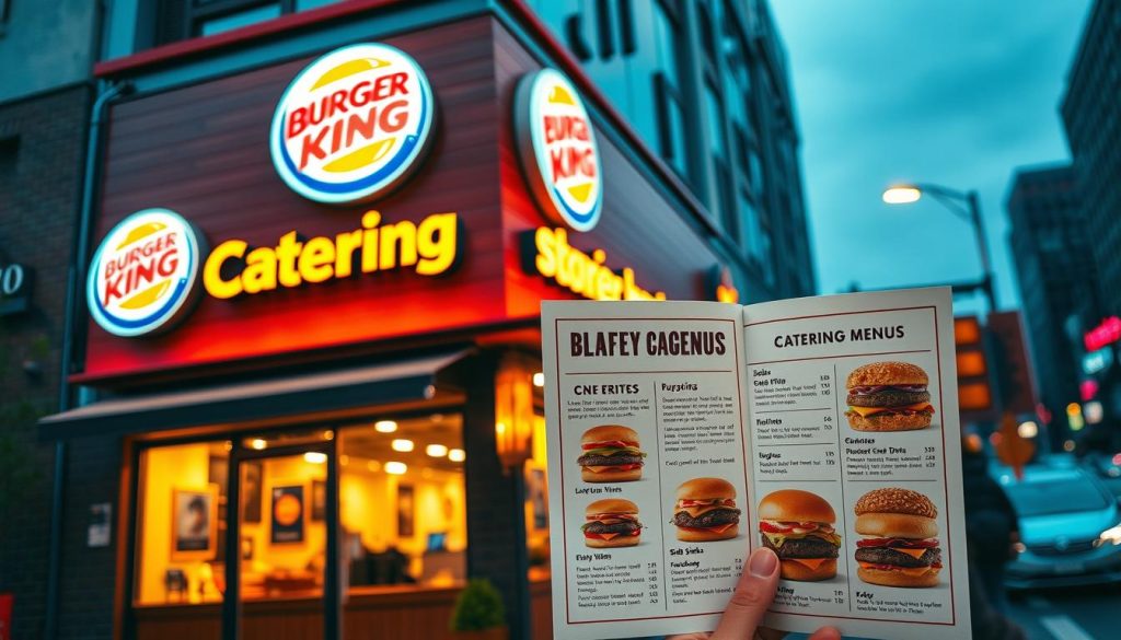 A bustling Burger King restaurant nestled in a vibrant urban setting, with a prominent "Catering" sign illuminated in the foreground. The storefront is bathed in warm, golden lighting, creating an inviting atmosphere. In the middle ground, a well-designed catering menu is displayed, showcasing tempting burger options and sides. The background features a lively streetscape, with passing pedestrians and vehicles, conveying a sense of the restaurant's accessibility and convenience. The overall composition suggests a convenient, welcoming, and high-quality catering experience for the viewer.
