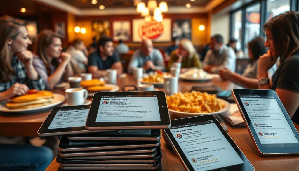 A bustling café interior with warm, inviting lighting. On the tables, an array of breakfast dishes - fluffy pancakes, crisp hash browns, and steaming cups of coffee. Customers in casual attire sit around, engrossed in animated discussions, their faces reflecting a mix of delight and contemplation. In the foreground, a stack of tablets and smartphones, their screens displaying review pages for Burger King's breakfast menu items, with ratings and comments scrawled across them. The atmosphere is one of lively discussion and shared experiences, capturing the essence of user feedback on the popular fast-food chain's breakfast offerings.