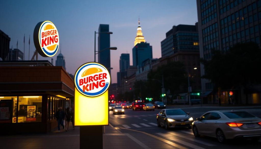 A bustling city street at dusk, with the iconic Burger King logo illuminated in the foreground, casting a warm glow onto the sidewalk. The restaurant's exterior is detailed, showcasing its classic architectural features. In the middle ground, pedestrians and vehicles navigate the intersection, creating a lively urban scene. The background is hazy, with skyscrapers and city lights blending into the dusky sky, suggesting the location of this Burger King within a vibrant metropolitan area. The lighting is natural, with a soft, golden hue that evokes a welcoming and inviting atmosphere.