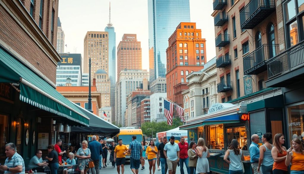 A bustling urban street scene, captured through the lens of a wide-angle camera. In the foreground, a diverse array of local dining options come to life, from a cozy diner serving up regional specialties to a vibrant food truck dishing out unique regional delicacies. The middle ground features a lively pedestrian promenade, where people of all backgrounds engage in animated conversations and savor their meals al fresco. In the background, a tapestry of regional architectural styles sets the stage, with towering skyscrapers and quaint historic buildings creating a visually captivating backdrop. The lighting is warm and inviting, casting a golden glow over the scene and evoking a sense of comfort and community. Overall, the image conveys the rich tapestry of localized dining experiences that make up the fabric of the United States.