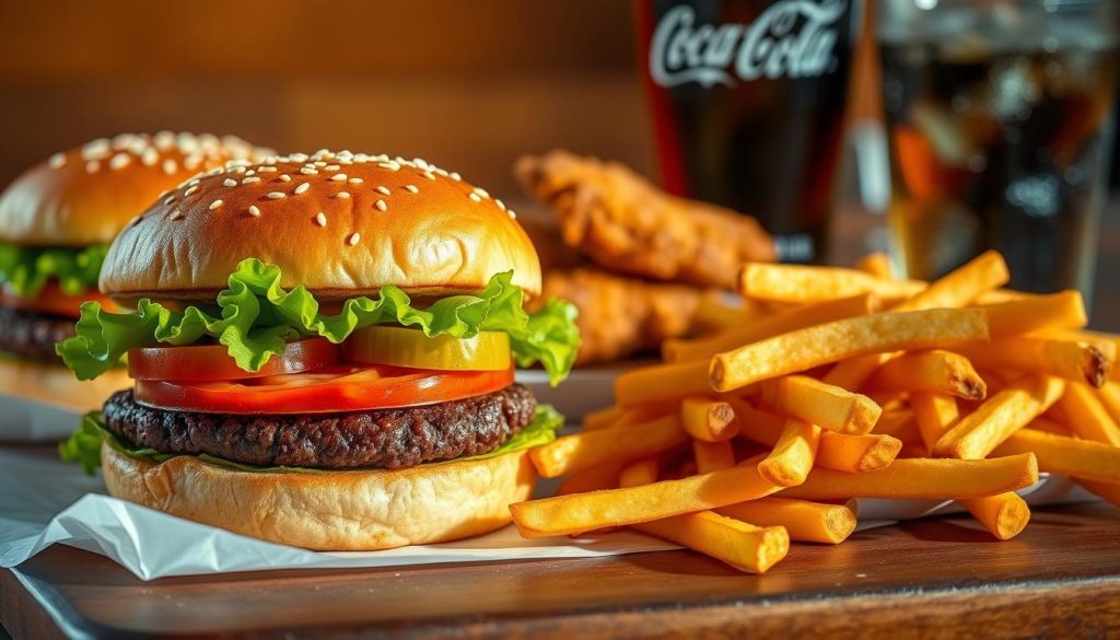 A carefully arranged array of mouthwatering Burger King meals, lit by warm, natural lighting and photographed from a slightly elevated angle. In the foreground, a juicy, char-grilled Whopper burger, its buns glistening with sesame seeds, nestled between crisp lettuce, ripe tomatoes, and tangy pickles. Beside it, a side of golden, crispy French fries, steaming hot and sprinkled with a dash of salt. In the middle ground, a classic Chicken Sandwich, its breaded and fried patty glistening with a light, crunchy coating. In the background, a refreshing, ice-cold Coca-Cola beverage, its condensation-covered glass reflecting the vibrant colors of the other items. The overall scene conveys a sense of temptation and indulgence, perfectly capturing the essence of Burger King's popular burger choices.