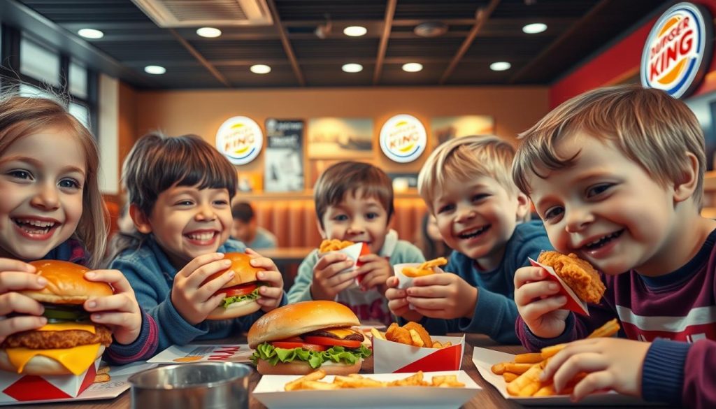 A cheerful, kid-friendly scene at a Burger King restaurant. In the foreground, a group of young children gleefully enjoying their colorful, tasty Burger King meals - cheeseburgers, chicken nuggets, and fries. Their faces are lit with delight as they dig in. In the middle ground, the warm, inviting Burger King interior comes into view, with cozy booths, bright decor, and a friendly, welcoming atmosphere. In the background, the Burger King logo and branding elements subtly anchor the scene, creating a sense of place. The lighting is soft and natural, creating a pleasant, family-friendly ambiance. The overall mood is upbeat, energetic, and perfect for a Burger King lunch outing with kids.