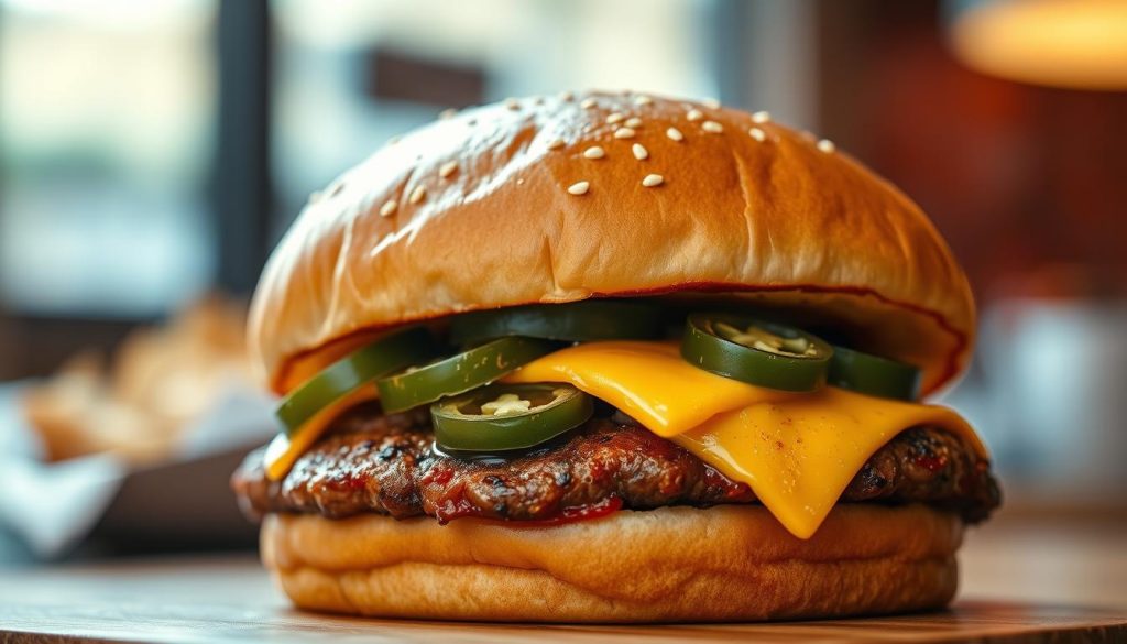 A close-up, high-resolution image of a Burger King Angry Whopper sandwich, captured with a professional DSLR camera and a macro lens. The bun is a deep, toasted golden brown, with the distinctive flame-broiled meat patty peeking out from underneath. Vibrant, spicy-looking jalapeño peppers and melted pepper jack cheese are visible, creating a mouthwatering contrast. The lighting is warm and natural, emphasizing the tempting, savory details of the sandwich. The background is slightly blurred, keeping the focus on the powerful, flavorful Angry Whopper in the center of the frame.