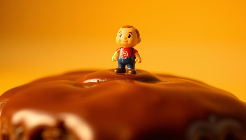 A close-up shot of a Burger King kids' meal toy, meticulously placed atop a decadent chocolate dessert. The toy, a whimsical plastic figurine, stands out against the rich, velvety texture of the chocolate, creating an unexpected and playful contrast. Warm, golden lighting illuminates the scene, casting a soft, cozy glow that invites the viewer to imagine the satisfying crunch of the toy's plastic exterior giving way to the indulgent sweetness of the dessert. The composition is clean and minimalist, allowing the central subjects to take center stage and capture the imagination of the viewer, who is left to ponder the delightful substitution of a toy for a traditional dessert.
