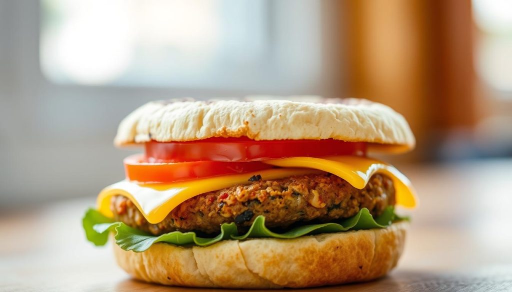 A close-up shot of a plant-based Burger King breakfast sandwich, featuring a toasted English muffin with a savory veggie patty, melted vegan cheese, and a slice of freshly sliced tomato. The sandwich is set against a softly blurred background, creating a warm, inviting atmosphere. The lighting is natural and diffused, highlighting the vibrant colors and textures of the ingredients. The composition places the sandwich in the foreground, drawing the viewer's attention to the delicious vegetarian option available on the Burger King breakfast menu.