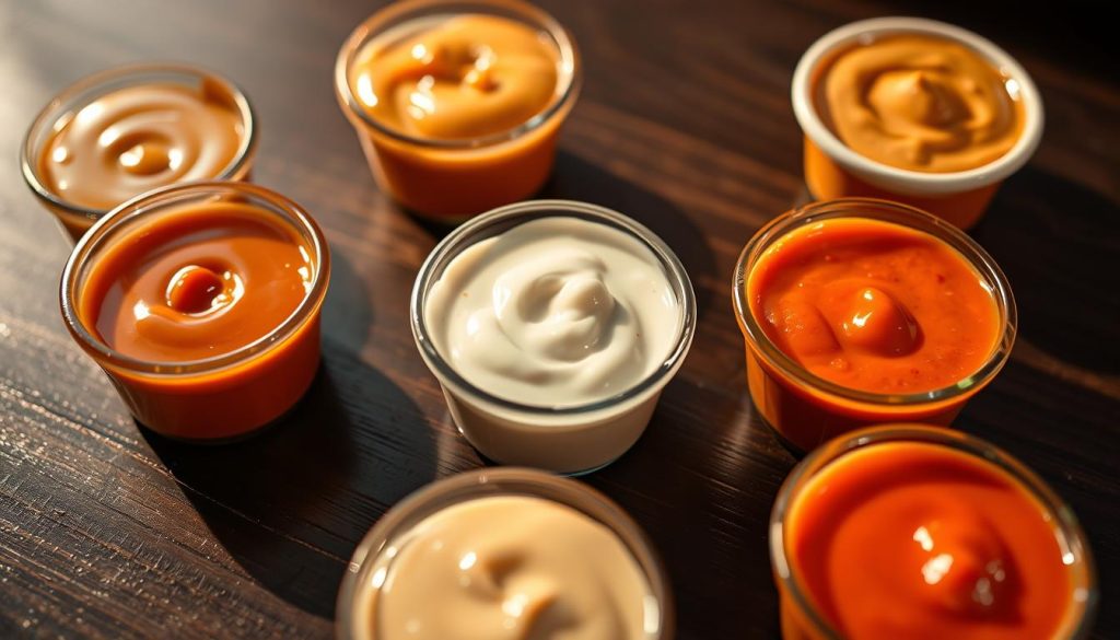 A close-up shot of an assortment of Burger King's signature dipping sauces, artfully arranged on a dark wooden surface. The sauces, presented in small ramekins, include the iconic Zesty Sauce, Creamy Ranch, and Sweet & Sour, each with its distinct color and texture. The scene is illuminated by warm, golden lighting, casting subtle shadows and highlighting the glossy, appetizing appearance of the sauces. The image conveys the premium quality and tantalizing flavors of Burger King's renowned dipping accompaniments, perfectly complementing their signature burgers and fries.