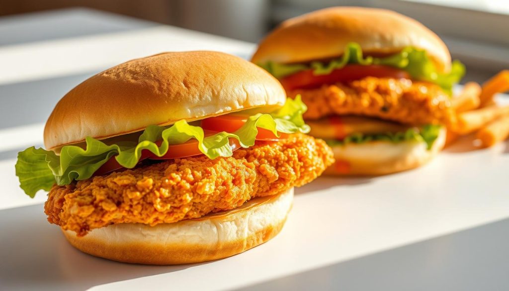 A close-up shot of two Burger King chicken sandwiches, one classic and one spicy, resting on a white surface. The sandwiches feature crisp, golden-brown chicken patties, fluffy buns, and an array of fresh toppings like lettuce, tomato, and tangy sauce. Soft, natural lighting illuminates the scene, highlighting the appetizing textures and colors. The composition is balanced, placing the sandwiches in the center and allowing ample negative space to showcase the details. An inviting, mouthwatering atmosphere pervades the image, enticing the viewer to savor the delicious Burger King chicken sandwich experience.