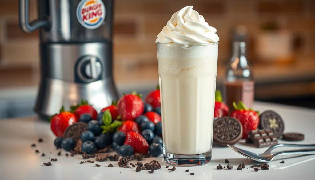 A close-up, well-lit shot of a variety of Burger King milkshake ingredients artfully arranged on a clean, white counter. In the foreground, a tall glass filled with creamy, swirled vanilla milkshake, topped with a generous dollop of whipped cream. Surrounding the glass, a selection of ripe strawberries, plump blueberries, chunks of chocolate, and a scattering of crushed Oreo cookies. In the background, a stainless steel milkshake blender, a bottle of chocolate syrup, and a metal spoon resting on the counter, all bathed in a warm, inviting glow. The overall scene exudes a sense of indulgence and culinary delight, capturing the essence of Burger King's beloved milkshake offerings.