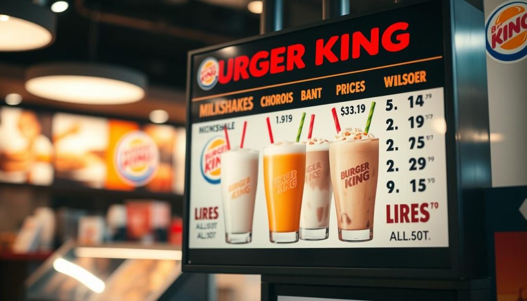 A colorful and vibrant display of Burger King milkshake prices, showcased in a well-lit, modern setting. The menu board takes center stage, showcasing the different milkshake flavors and their corresponding prices, presented in a clean and organized fashion. The lighting casts a warm, inviting glow, highlighting the tempting appeal of the milkshakes. The background features a blurred, out-of-focus view of the Burger King restaurant interior, adding a sense of context and atmosphere. The overall composition conveys a sense of excitement and temptation, enticing the viewer to indulge in a delicious Burger King milkshake.
