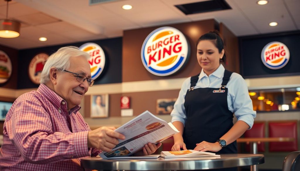 A cozy Burger King restaurant interior with warm lighting and comfortable seating. In the foreground, a friendly senior customer sits at a table, studying a menu with a focused expression. A Burger King employee in a crisp uniform stands nearby, ready to assist. In the background, the classic Burger King logo and decor create a familiar, inviting atmosphere. The scene conveys a sense of understanding and attentive customer service, highlighting the Burger King senior discount program.
