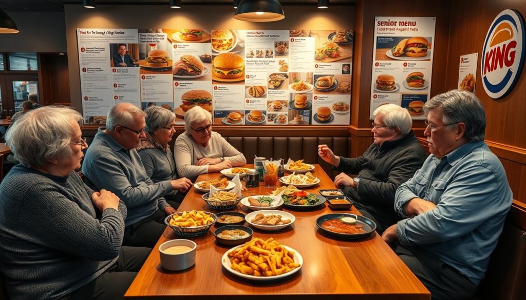 A cozy café interior with warm lighting, a wooden table in the foreground displaying various Burger King menu items, surrounded by senior customers in casual clothing engaged in lively discussions, evaluating the dishes. In the background, a collage of customer reviews and food photography is displayed on the cafe's walls, showcasing the diverse perspectives on the Burger King senior menu. The scene conveys a sense of community, comfort, and a thoughtful consideration of the dining experience.