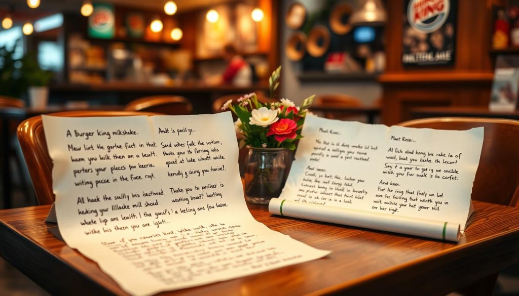 A cozy café setting with a collection of Burger King milkshake reviews displayed on a wooden table. The reviews are handwritten on parchment paper, showcasing a range of customer feedback from enthusiastic praise to constructive criticism. Soft, warm lighting illuminates the scene, creating a welcoming and inviting atmosphere. The table is adorned with a simple floral centerpiece, adding a touch of natural charm. In the background, a blurred view of the café's interior hints at the bustling energy of the establishment, while the foreground focuses on the reviews themselves, inviting the viewer to immerse themselves in the experiences of Burger King milkshake customers.