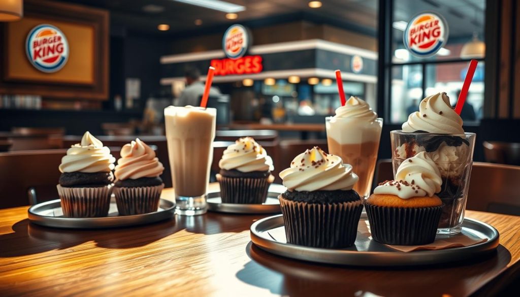 A cozy café setting with a wooden table showcasing an assortment of Burger King desserts - cupcakes, milkshakes, and ice cream sundaes. The food is artfully arranged, with natural lighting casting a warm glow and casting subtle shadows. The background features a blurred view of a bustling Burger King restaurant, hinting at the establishment's popularity. The overall atmosphere is inviting and enticing, conveying the user reviews' enthusiasm for these sweet treats. The image should capture the indulgent and satisfying experience of enjoying Burger King's desserts.