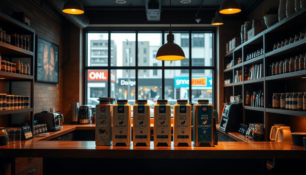 A cozy coffee shop interior, with a central counter displaying an array of milk alternatives - soy, almond, oat, and coconut milk - in sleek, colorful containers. Warm, diffused lighting casts a soft glow, creating a welcoming ambiance. The counter is flanked by wooden shelves stocked with various coffee-related accoutrements, contributing to the café's inviting atmosphere. In the background, a large window offers a glimpse of the bustling city outside, creating a sense of connection between the indoor and outdoor spaces. The overall scene conveys a sense of healthy, customizable options for Burger King coffee enthusiasts.