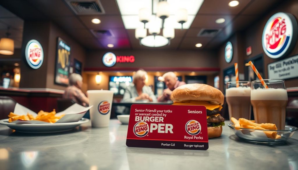 A cozy diner-style interior with warm lighting and a welcoming atmosphere. In the foreground, a table prominently displays a Burger King "Royal Perks" membership card, surrounded by senior-friendly menu items such as a classic cheeseburger, fries, and a milkshake. In the middle ground, a group of senior customers are engaged in friendly conversation, enjoying their discounted Burger King meal. The background features Burger King branding and signage, subtly highlighting the "Royal Perks" program for seniors.