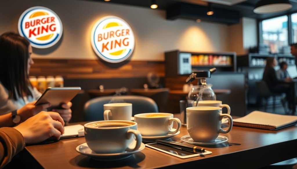 A cozy, well-lit coffee shop interior, with a prominent Burger King branding sign and logo displayed on the wall. In the foreground, a table with several cups of steaming Burger King coffee, surrounded by tablet devices and notebooks as customers review and rate their drinks. The lighting is warm and inviting, creating a comfortable atmosphere for the café's patrons. The background features additional seating areas and shelves stocked with Burger King coffee products, conveying a sense of the cafe's full coffee menu and offerings. The overall scene captures the customer experience and feedback process for Burger King's coffee line.