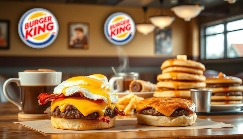 A cozy, well-lit diner interior with a focus on a mouthwatering Burger King breakfast spread. In the foreground, a classic Whopper Jr. breakfast sandwich with perfectly crisp bacon, a fluffy egg, and melted American cheese, drizzled with a rich hollandaise sauce. Alongside it, a golden-brown hash brown patty and a steaming cup of freshly brewed coffee. In the middle ground, various Burger King breakfast menu items are arranged artfully, including a sausage, egg, and cheese biscuit, a breakfast burrito, and a stack of fluffy pancakes with maple syrup. The background features the iconic Burger King logo, subtle diner decor, and a warm, inviting atmosphere that encourages the viewer to savor and elevate their Burger King breakfast experience.