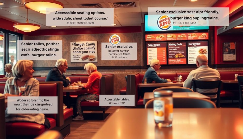 A cozy, well-lit diner-style Burger King restaurant interior, with senior-friendly features prominently displayed. In the foreground, a group of elderly customers sitting at a booth, enjoying a meal and chatting animatedly. The middle ground showcases accessible seating options, wide aisles, and adjustable tables to accommodate older patrons. In the background, the menu board highlights senior-exclusive deals, discounts, and specialized menu items. Warm, inviting lighting casts a soft glow, creating a welcoming atmosphere. The overall scene conveys a sense of comfort, community, and Burger King's dedication to providing a senior-friendly dining experience.