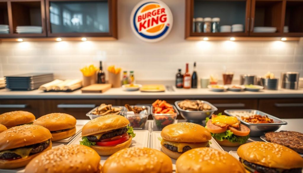 A cozy, well-lit kitchen counter showcases an array of customizable catering items for Burger King. In the foreground, various burger buns, patties, and toppings are neatly arranged, inviting the viewer to imagine the possibilities. The middle ground features a selection of sauces, condiments, and side dishes, allowing for a personalized touch. The background subtly hints at the Burger King brand, with a soft, warm lighting and a clean, contemporary atmosphere. The overall composition conveys a sense of culinary creativity and the ability to tailor the catering experience to individual preferences.