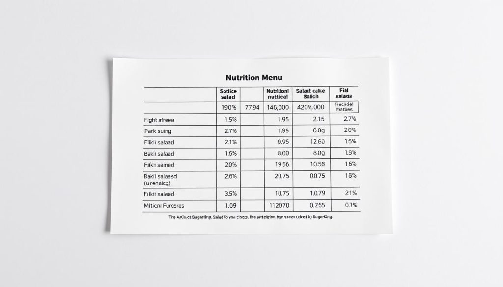 A crisp, clean, and well-organized table of Burger King's nutrition information, presented against a subtly textured white background. The table features clear, legible typography and precise numerical data, capturing the key nutritional facts about Burger King's salad menu items. Soft, directional lighting illuminates the table, creating a sense of clarity and attention to detail. The overall composition conveys an authoritative, informative, and visually appealing portrayal of Burger King's salad nutrition, suitable for inclusion in an article about their healthy menu choices.