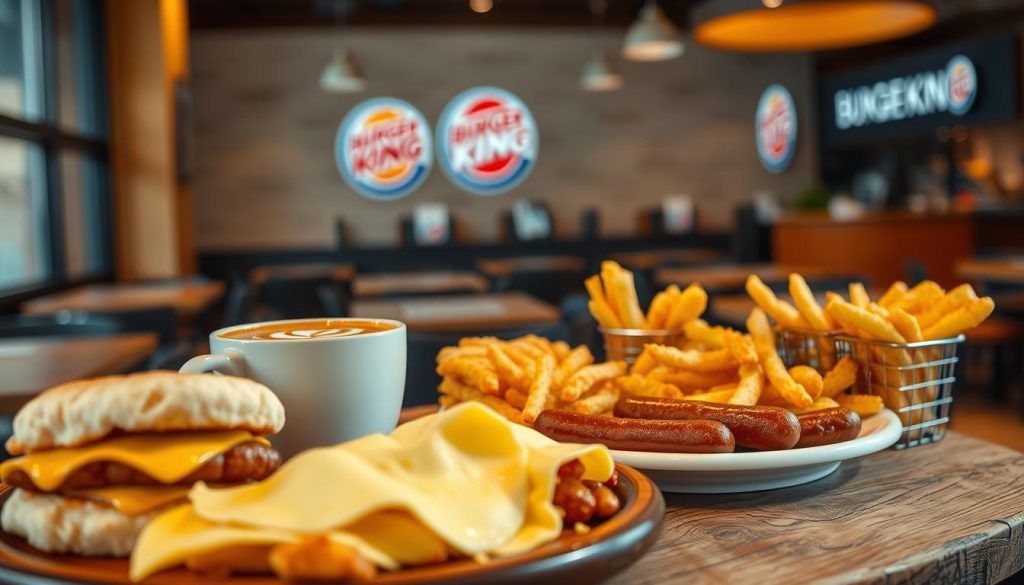 A crisp, high-resolution photograph of an elegant Burger King breakfast spread. The foreground features a selection of classic breakfast items, including buttery biscuits, fluffy scrambled eggs, savory sausage patties, and golden-brown hash browns, arranged artfully on a rustic wooden table. The middle ground showcases a steaming cup of fresh-brewed coffee with a decorative latte art design. In the background, a softly blurred Burger King restaurant interior with warm lighting, modern decor, and subtle branding elements creates a cozy, inviting atmosphere. The overall scene conveys a sense of premium quality, attention to detail, and the perfect start to the day.