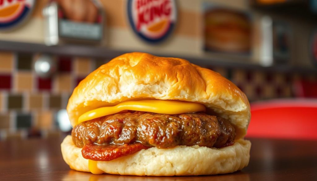 A delectable Burger King biscuit sandwich sits prominently in the foreground, its golden-brown biscuit bun glistening with butter. Inside, a juicy, perfectly-cooked sausage patty nestles between fluffy layers of the biscuit, promising a satisfying savory bite. The lighting is soft and natural, highlighting the sandwich's mouthwatering details. The background features a classic diner-style setting, with retro tiles and chrome accents evoking a nostalgic, Southern charm. The overall scene exudes a warm, comforting atmosphere, inviting the viewer to imagine the irresistible flavors and textures of this beloved breakfast staple.