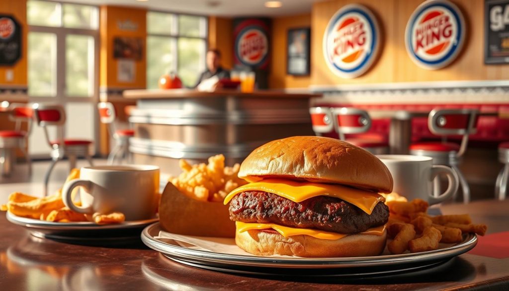 A delectable Burger King breakfast combo set against a warm, inviting diner setting. In the foreground, a plump, perfectly grilled breakfast sandwich with a juicy sausage patty, melted cheese, and a lightly toasted bun. Beside it, a steaming hot cup of freshly brewed coffee and a side of crispy, golden hash browns. The middle ground features a vintage-inspired diner counter, complete with chrome accents and retro bar stools. The background showcases a cozy, sun-dappled diner interior, with warm wood paneling, tiled floors, and a classic Burger King logo prominently displayed. The lighting is soft and natural, creating a comforting, nostalgic atmosphere. This image captures the essence of a delicious and satisfying Burger King breakfast experience.