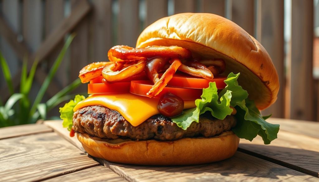 A delectable DIY Rodeo Burger nestled on a rustic wooden table, captured in warm, natural lighting. The thick beef patty, chargrilled to perfection, is topped with cheddar cheese, crispy onion rings, and a tangy, smoky barbecue sauce. Juicy tomato slices and fresh lettuce add a vibrant contrast, while the soft, toasted brioche bun completes the harmonious composition. The scene evokes a backyard cookout, with a slightly weathered wooden fence and a hint of a cloudless sky in the background, conveying a sense of homemade, down-to-earth indulgence.