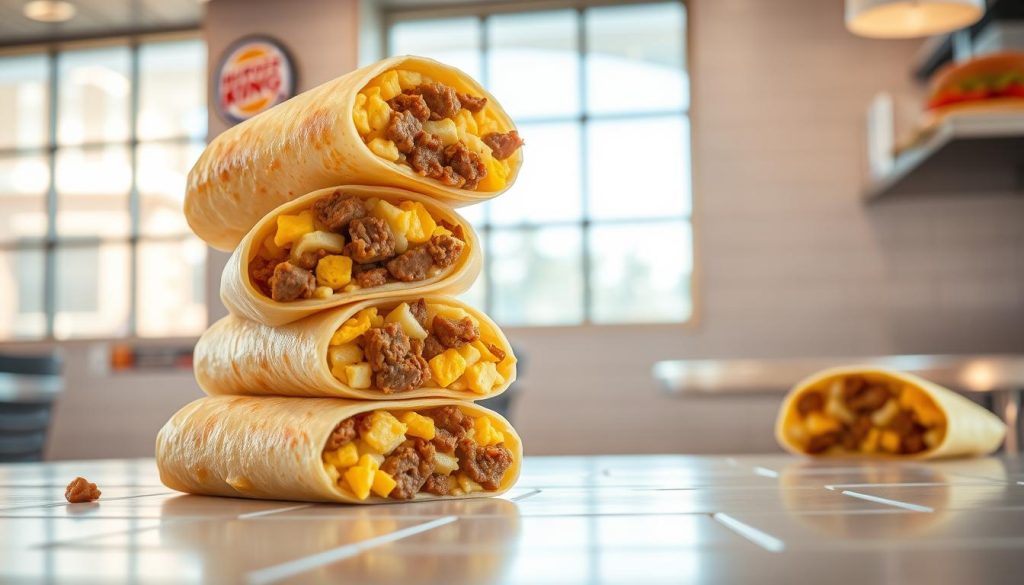 A delectable stack of Burger King's breakfast burritos, wrapped in a golden tortilla and bursting with a savory medley of fluffy scrambled eggs, crumbled sausage, and melted cheddar cheese. The burritos are set against a backdrop of a cozy diner-style setting, with crisp white tiles and gleaming chrome accents. Soft, natural lighting filters in through large windows, casting a warm, inviting glow over the scene. The composition is balanced, with the burritos taking center stage, and the surrounding details complementing the overall appetizing aesthetic. The overall mood is one of comfort, indulgence, and the irresistible allure of a satisfying breakfast.