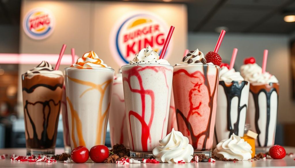 A delightful array of Burger King milkshake flavors, captured in a vibrant, appetizing composition. In the foreground, a selection of creamy, swirled shakes in classic flavors like chocolate, vanilla, and strawberry, served in tall, frosted glasses. In the middle ground, a variety of toppings and mix-ins, such as whipped cream, cherries, and chocolate syrup, adding depth and texture. The background features a sleek, modern Burger King setting, with a clean, minimalist aesthetic, highlighting the shakes as the true stars of the scene. The lighting is soft and diffused, creating a warm, inviting atmosphere that beckons the viewer to indulge in these delectable Burger King milkshake delights.