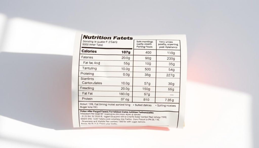 A detailed nutrition label for a Burger King meal, displayed on a bright white background. The label features a clean, minimalist design with clear typography showcasing the key nutritional information - calories, fat, carbohydrates, protein, and other essential nutrients. The layout is well-organized, easy to read, and highlights the balanced dietary profile of the BK menu item. Soft, natural lighting casts subtle shadows, creating depth and emphasizing the visual hierarchy. The overall tone is informative and health-conscious, reflecting the section's focus on providing consumers with valuable dietary insights.