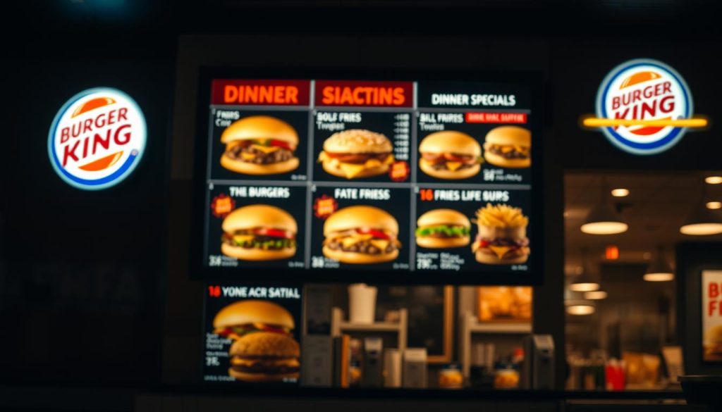 A dimly lit Burger King restaurant interior, with a prominently displayed menu board showcasing various dinner specials. The menu features high-resolution images of signature burgers, fries, and other classic BK menu items, all illuminated by warm, soft lighting. The background is blurred, creating a shallow depth of field that draws the viewer's attention to the alluring food photography. The overall atmosphere is inviting, evoking a cozy and satisfying dining experience. The scene is captured from a slightly low angle, giving the impression of standing before the menu, ready to order a delectable Burger King dinner.