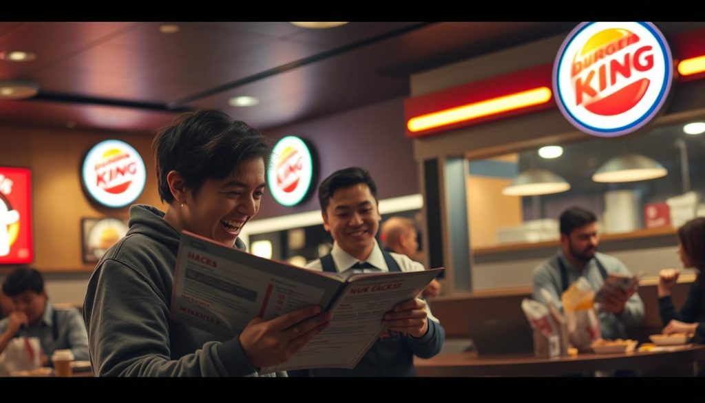 A dimly lit, cozy Burger King restaurant with a warm, inviting atmosphere. In the foreground, a customer excitedly examines a menu, devising creative hacks to enhance their dining experience. The middle ground features a Burger King employee, smiling and ready to assist, offering insider tips and tricks. In the background, other customers enjoy their meals, their faces lit by the soft glow of the restaurant's lighting. The overall scene conveys a sense of discovery and shared knowledge, with an emphasis on the budget-friendly Burger King experience.