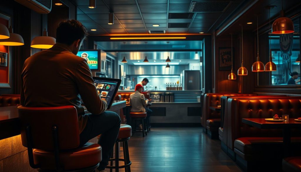 A dimly-lit, cozy diner setting with a personalized dining experience. In the foreground, a customer perches on a plush leather barstool, customizing their burger on a sleek, touch-screen menu. Warm, ambient lighting casts a soft glow, while the middle ground features a bustling open kitchen, chefs skillfully assembling made-to-order burgers. In the background, intimate booths line the walls, each one offering a unique, tailored dining experience. Hints of brushed metal, wood, and retro accents create an inviting, modern atmosphere. The overall scene conveys a sense of personalization, control, and culinary craftsmanship.