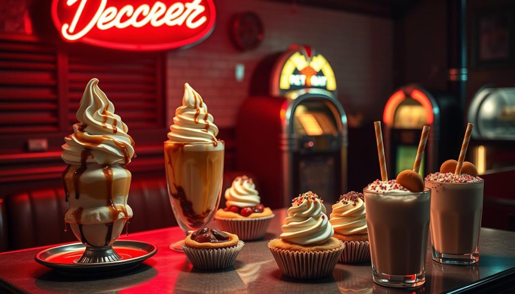A dimly lit diner, its retro neon sign casting a warm glow. On the counter, a display of secret fast food desserts: towering sundaes with swirls of whipped cream, drizzled with caramel and chocolate; miniature pies with flaky crusts and fruit fillings; and decadent milkshakes topped with sprinkles and wafer sticks. The lighting is soft and moody, creating an atmosphere of mystery and indulgence. In the background, a jukebox plays a classic 50s tune, adding to the nostalgic ambiance. The scene evokes a sense of hidden pleasures and forbidden delights, waiting to be discovered by the adventurous diner.