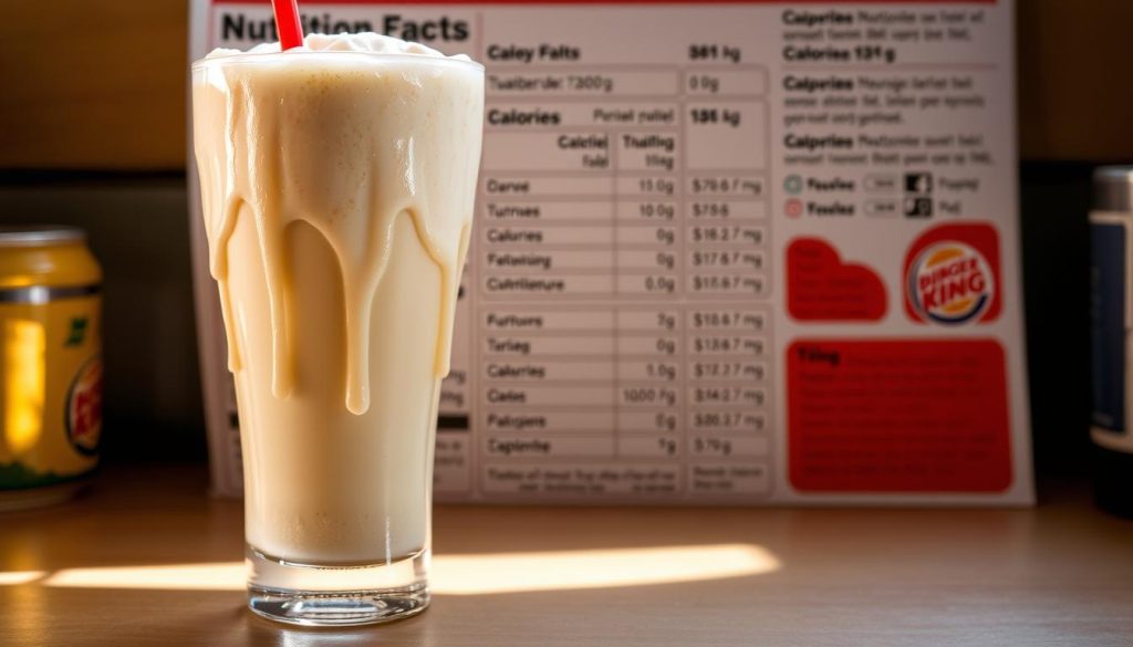 A glass filled with a creamy, indulgent Burger King milkshake, condensation dripping down the sides, set against a backdrop of detailed nutrition facts and calorie information. The milkshake dominates the foreground, its thick, smooth texture and enticing swirl of flavor inviting the viewer to indulge. Soft, natural lighting casts a warm glow, highlighting the milkshake's rich color and velvety consistency. In the middle ground, a well-organized table of nutritional data, showcasing the calorie content and other vital statistics, allowing the viewer to make an informed decision. The overall atmosphere is one of temptation and thoughtful consideration, striking a balance between the allure of the treat and the wisdom of moderation.