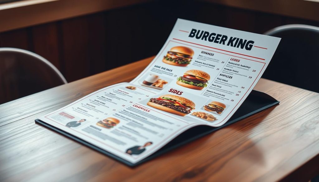 A high-quality, professionally-designed Burger King catering menu displayed on a wooden table, with a soft, warm lighting creating a cozy, inviting atmosphere. The menu features a selection of Burger King's signature burgers, sandwiches, sides, and desserts, showcased with mouthwatering, detailed images and clear, concise descriptions. The layout is clean, modern, and well-organized, drawing the viewer's attention to the menu's highlights. The overall presentation conveys a sense of quality, convenience, and the signature Burger King brand experience.